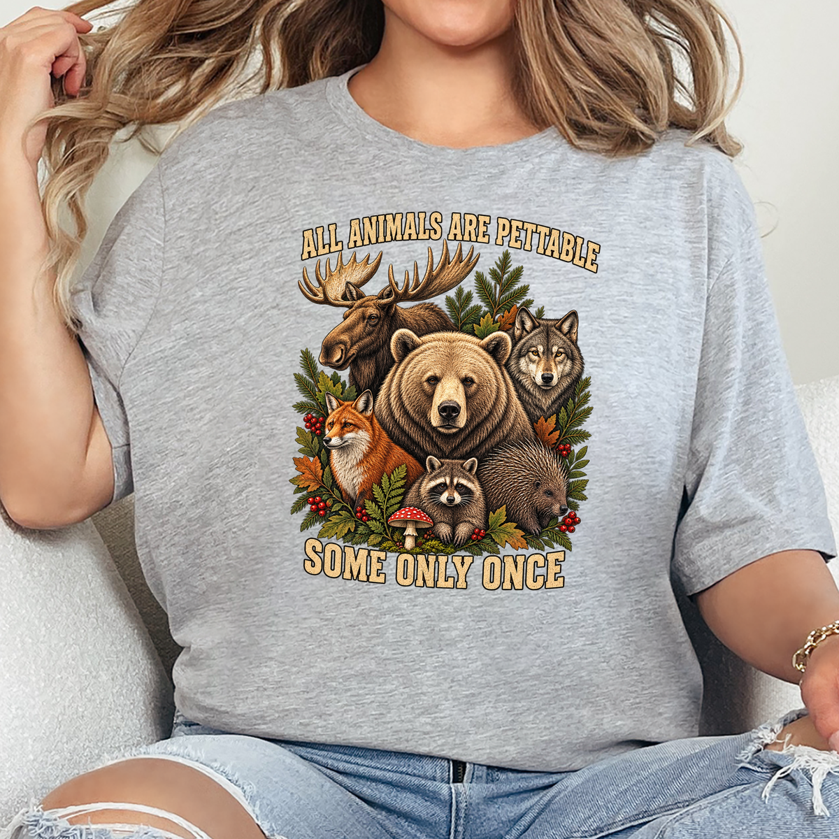 Animals Pettable Only Once Graphic Tee - Grey