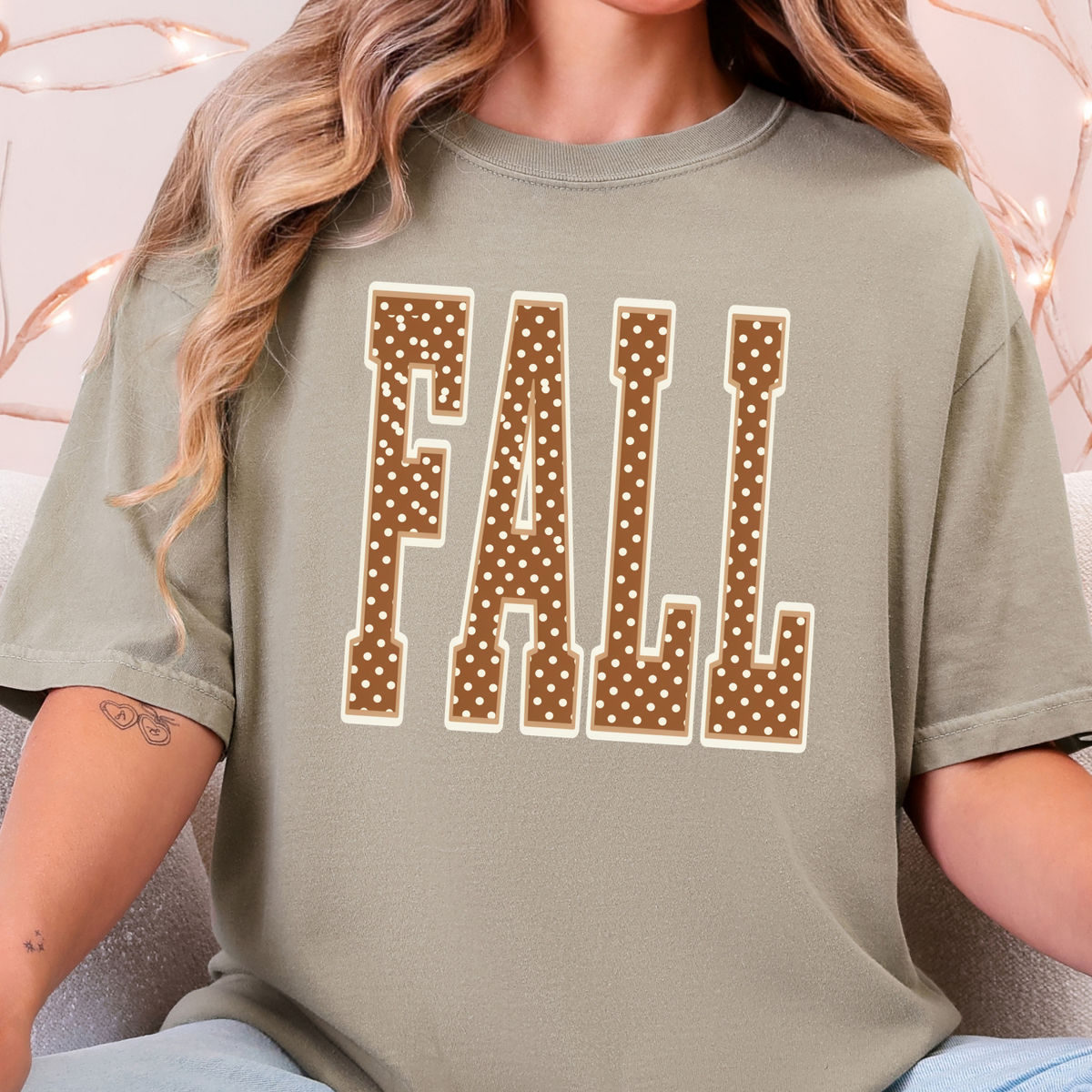 Fall Polka Dot Graphic Tee - Khaki