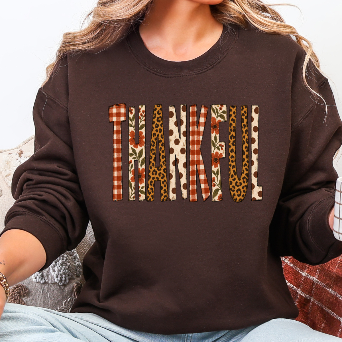 Patchwork Thankful Graphic Sweatshirt - Dark Chocolate