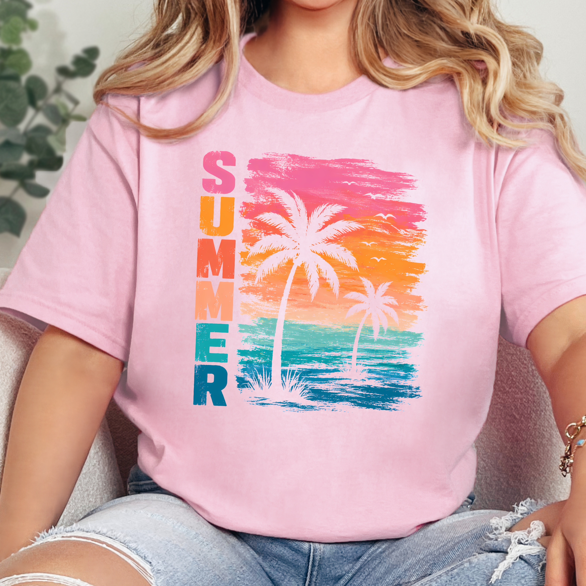 Summer Beach Sunset Graphic Tee - Pink
