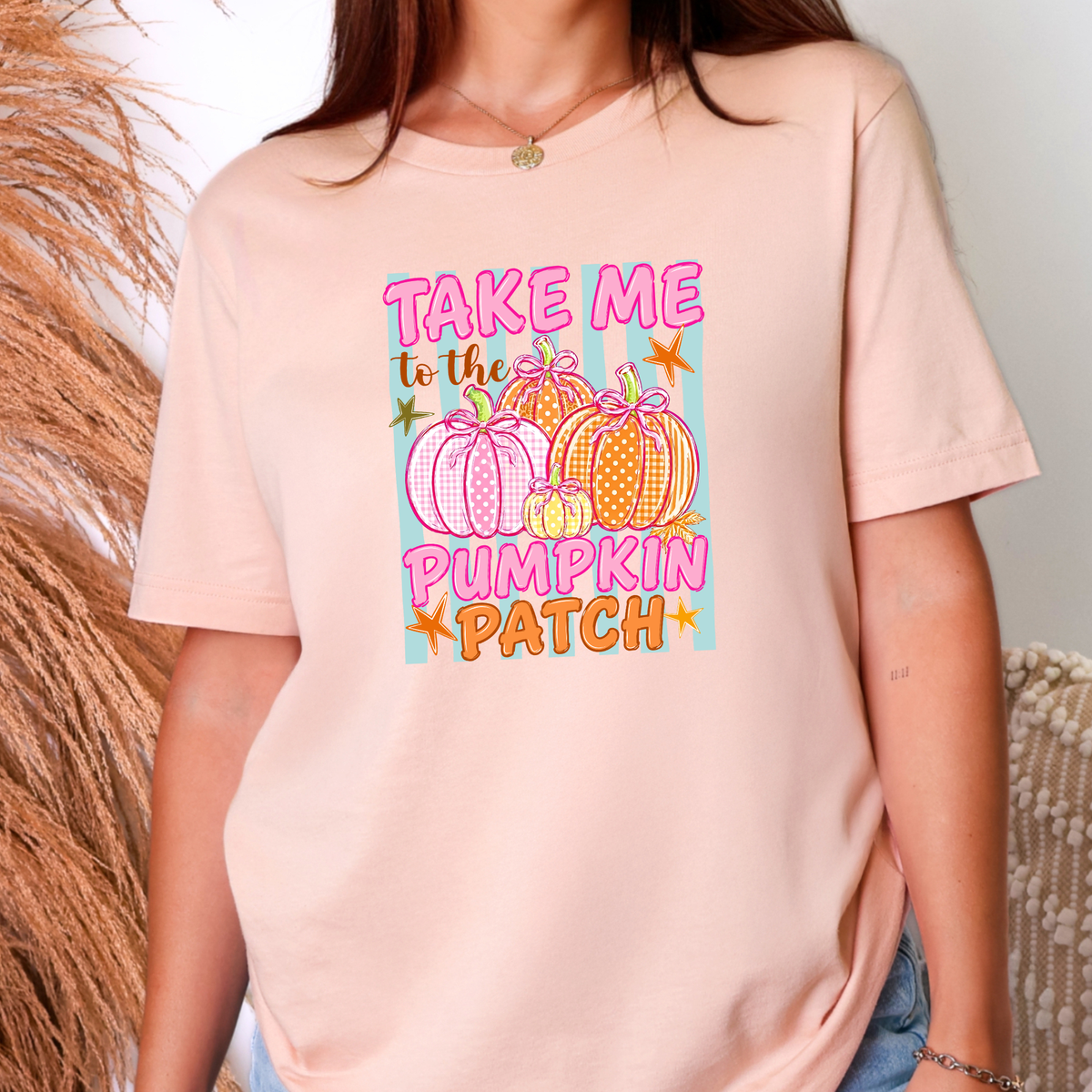 Pumpkin Patch Stripes Graphic Tee - Peach