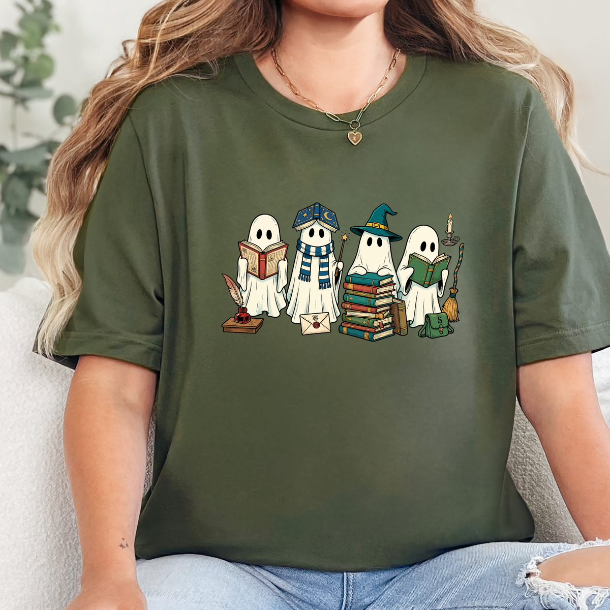Ghosts Reading Books Graphic Tee - Military Green