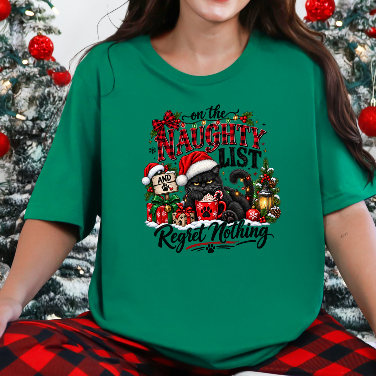 On The Naughty List Cat Graphic Tee- Kelly