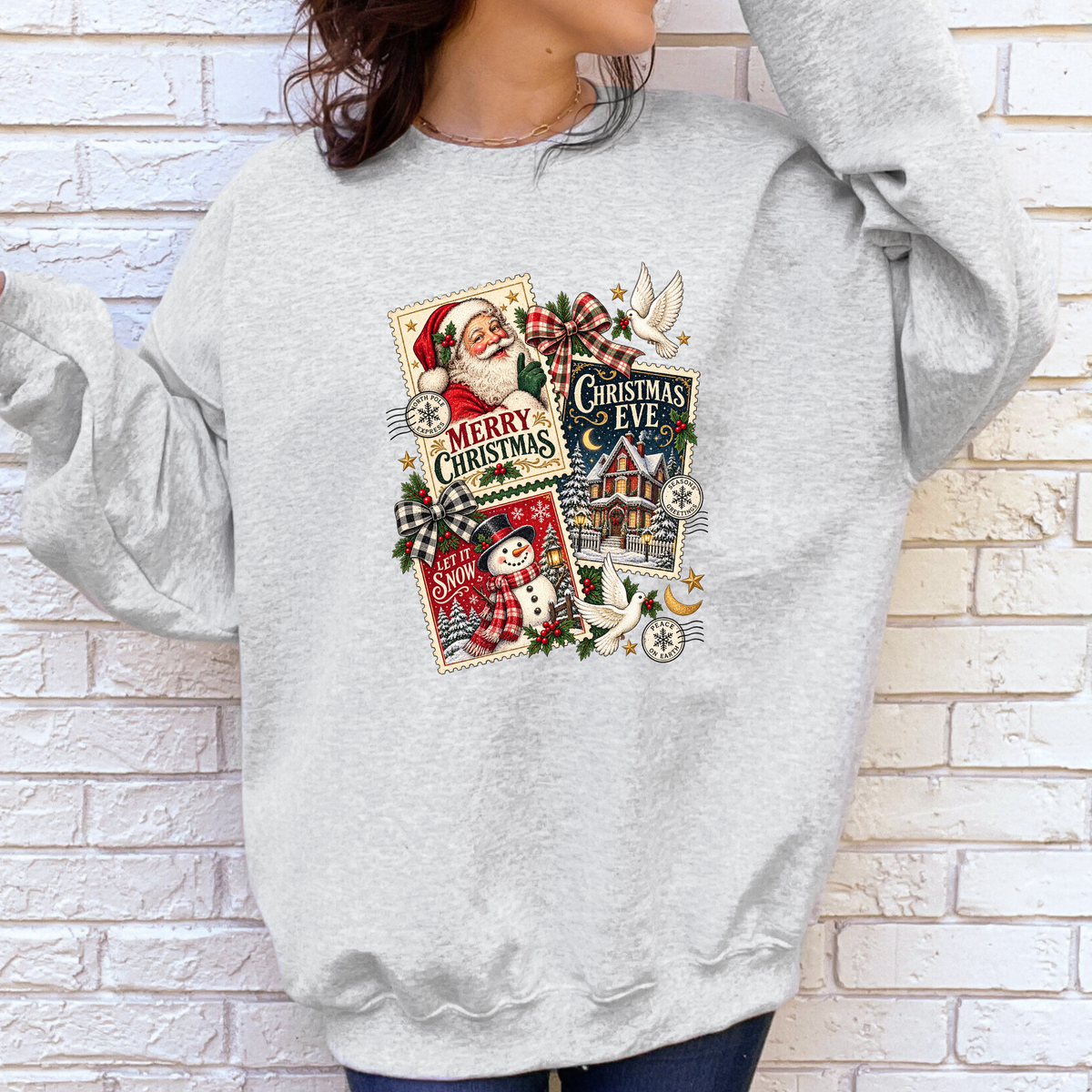 Vintage Christmas Postcard Collage Graphic Sweatshirt - Ash
