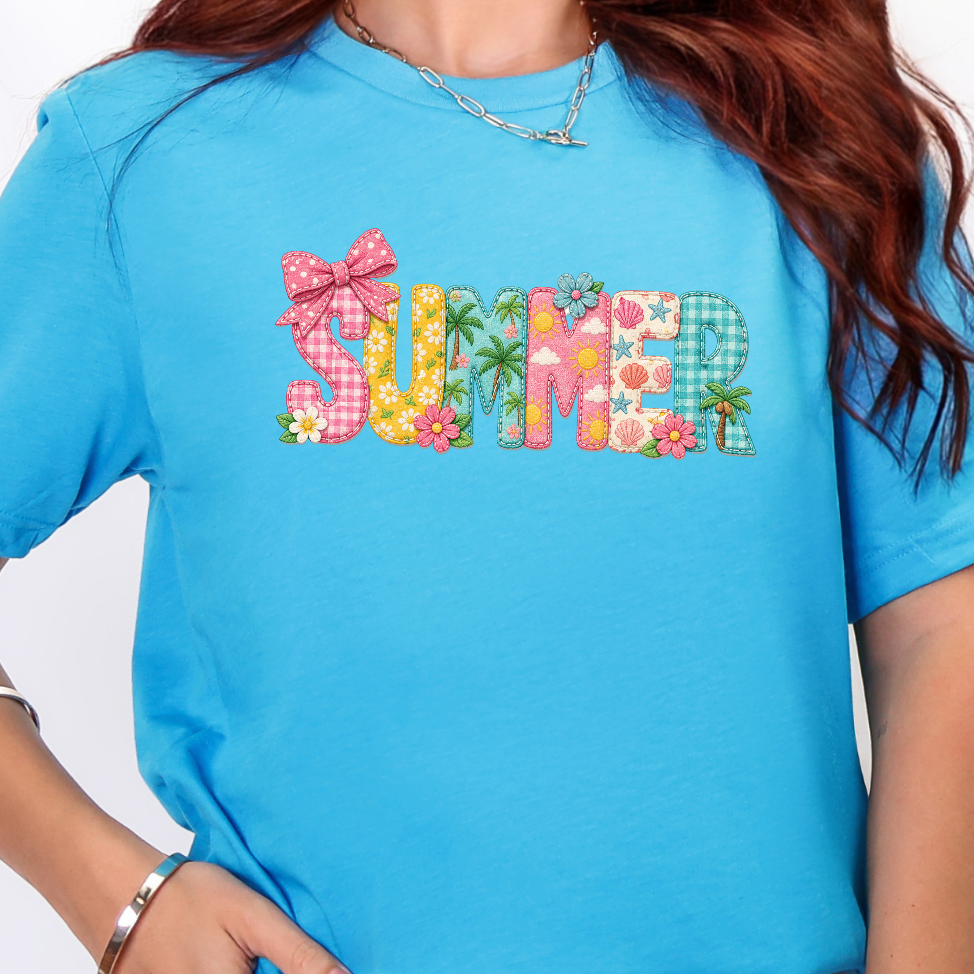 Summer Patchwork Graphic Tee - Heather Aqua