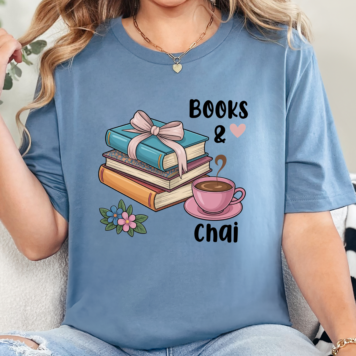 Books & Chai Graphic Tee - Steel Blue Tee