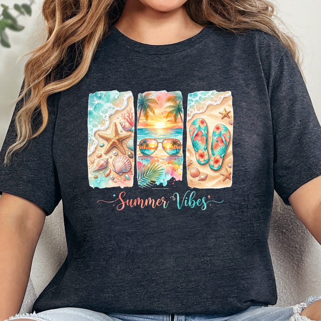 Summer Vibes Beach Graphic Tee - Dark Grey Heather