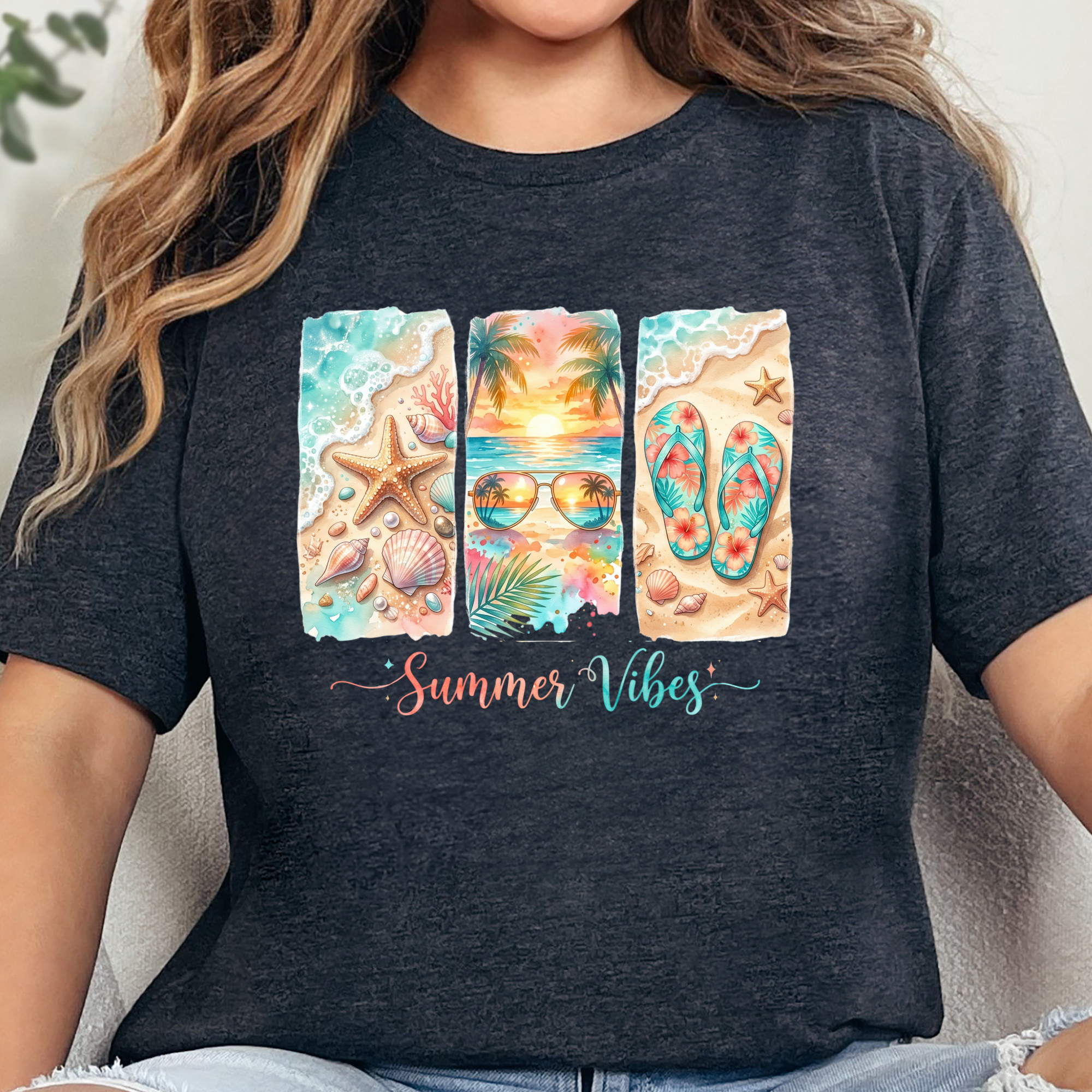 Summer Vibes Beach Graphic Tee - Dark Grey Heather