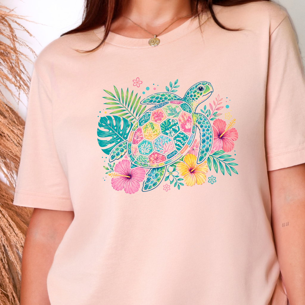 Floral Sea Turtle Graphic Tee - Peach Tee