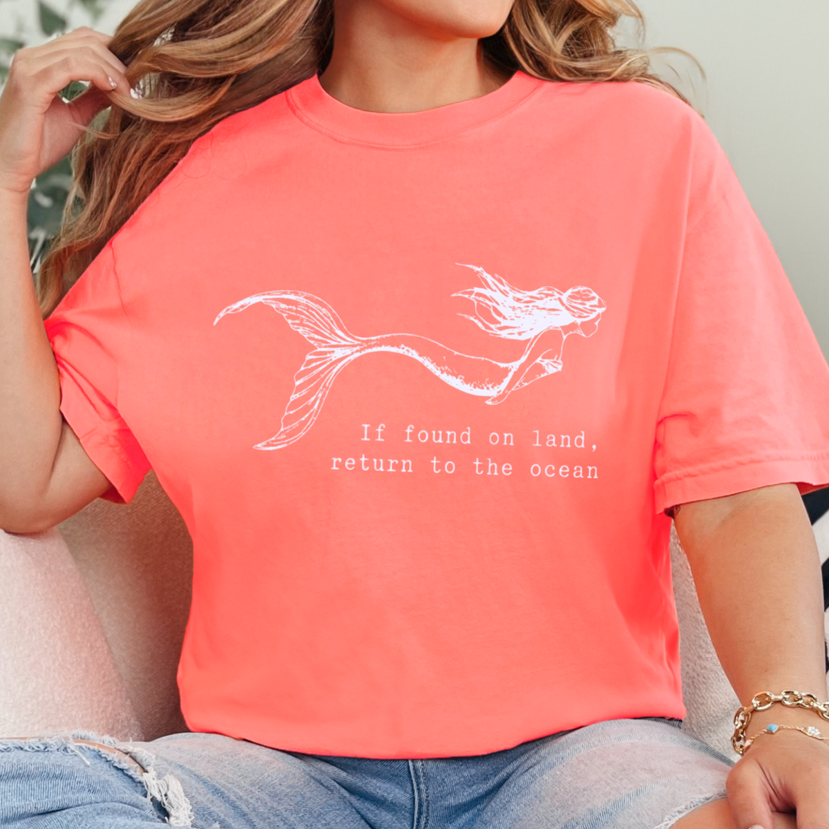 Mermaid Return to Ocean Graphic Tee - Neon Red Orange