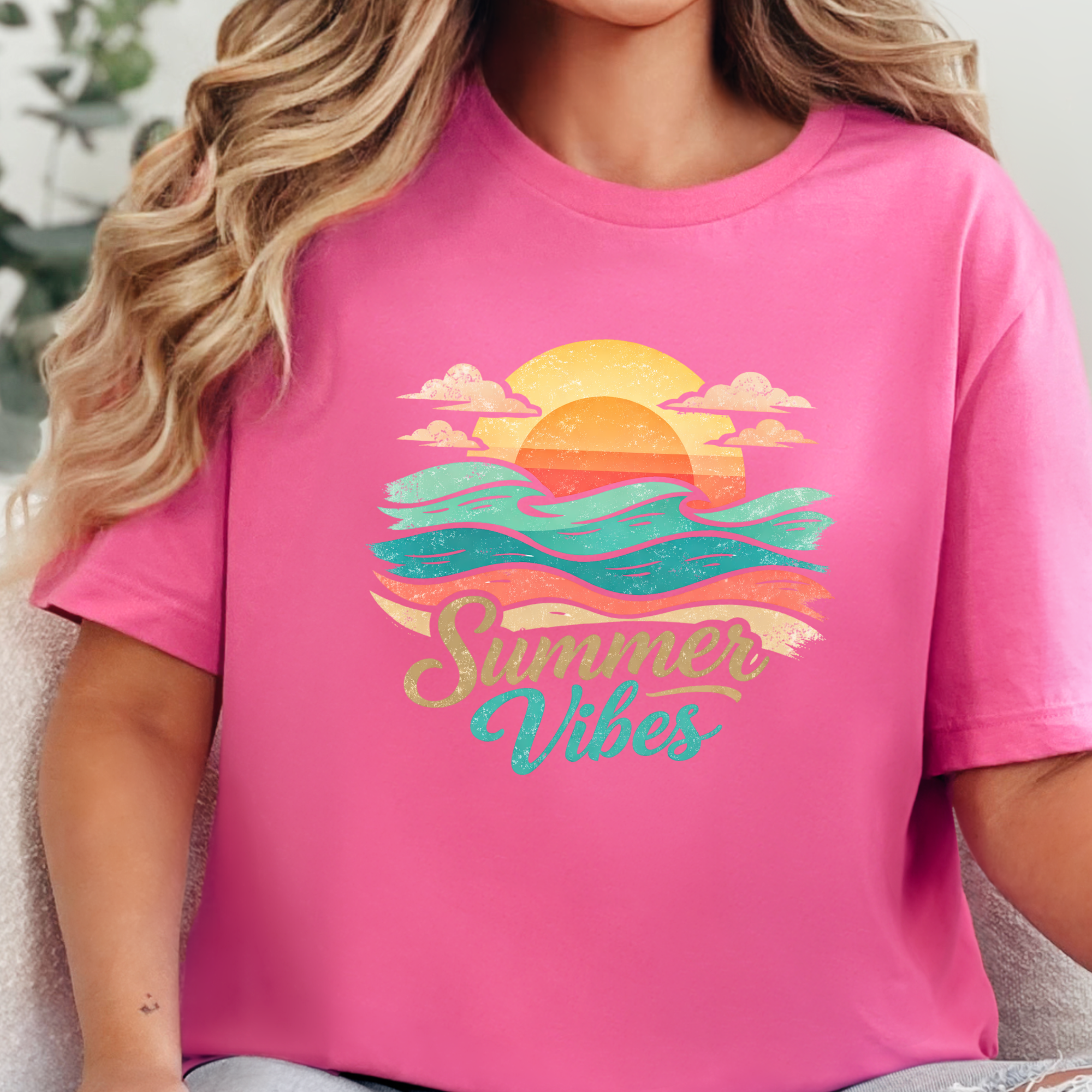 Summer Vibes Sunset Graphic Tee - Charity Pink