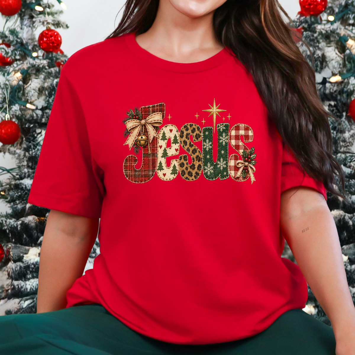 Christmas Patchwork Jesus Graphic Tee - Red