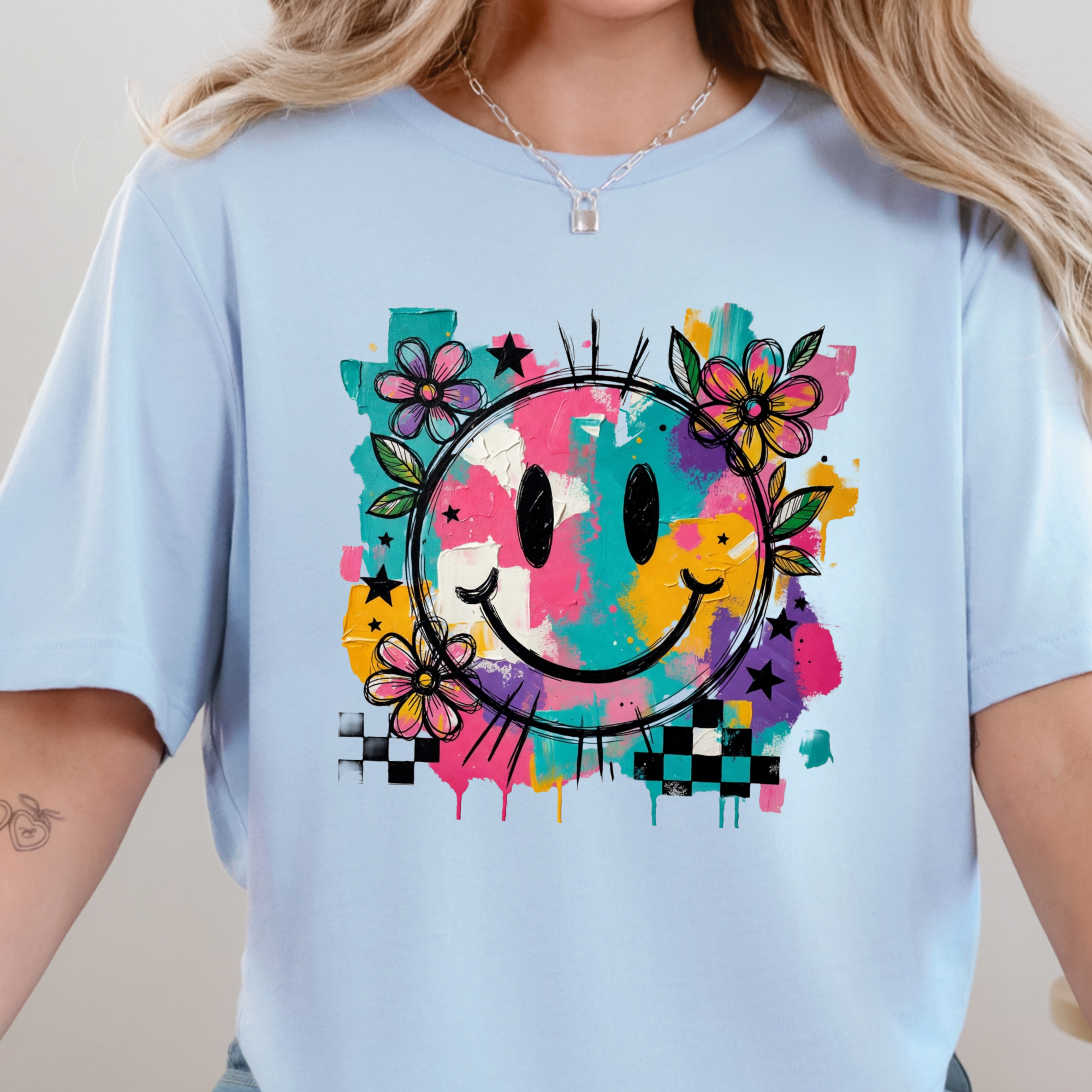Floral Happy Face Graphic Tee - Baby Blue Tee