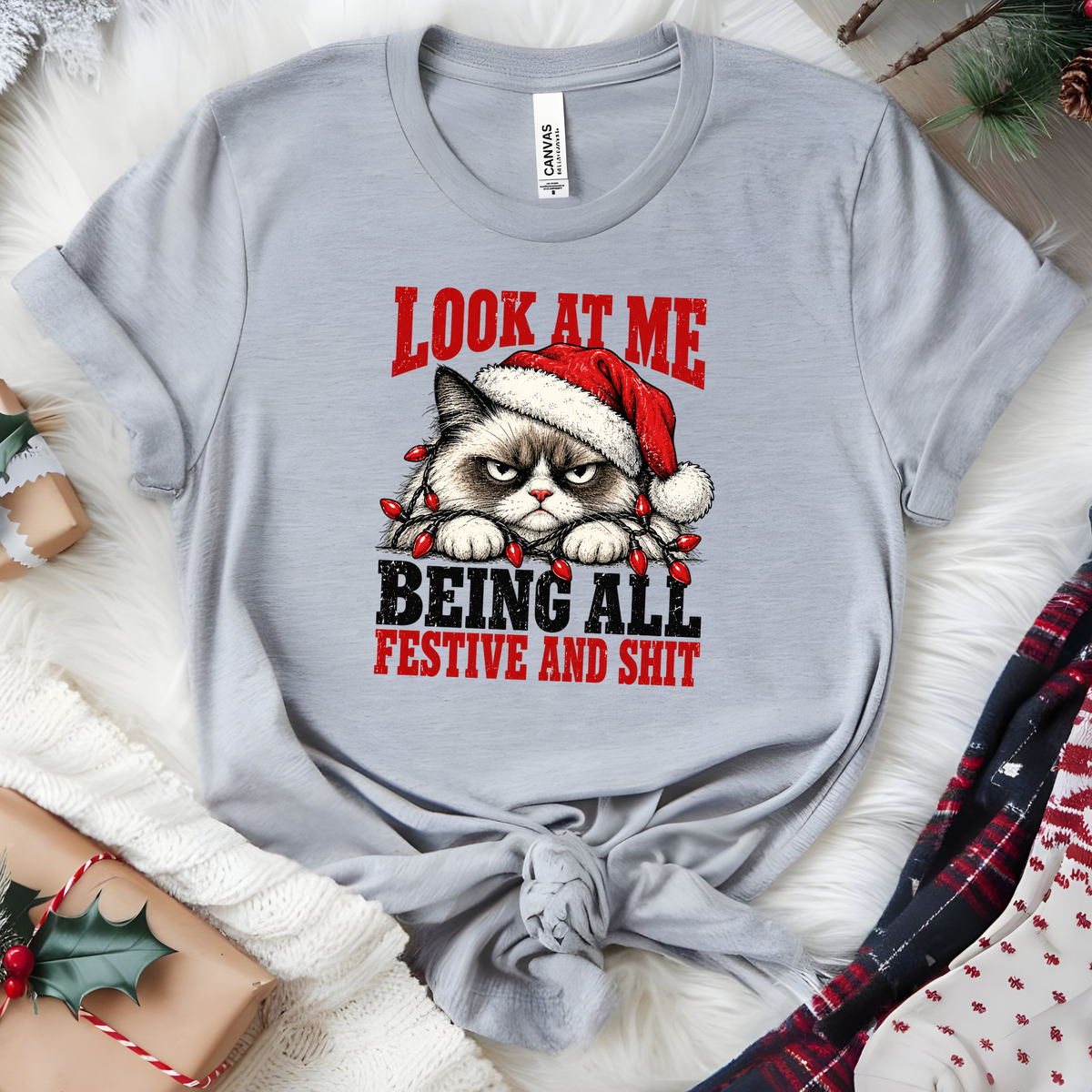 Grumpy Christmas Cat Graphic Tee - Grey