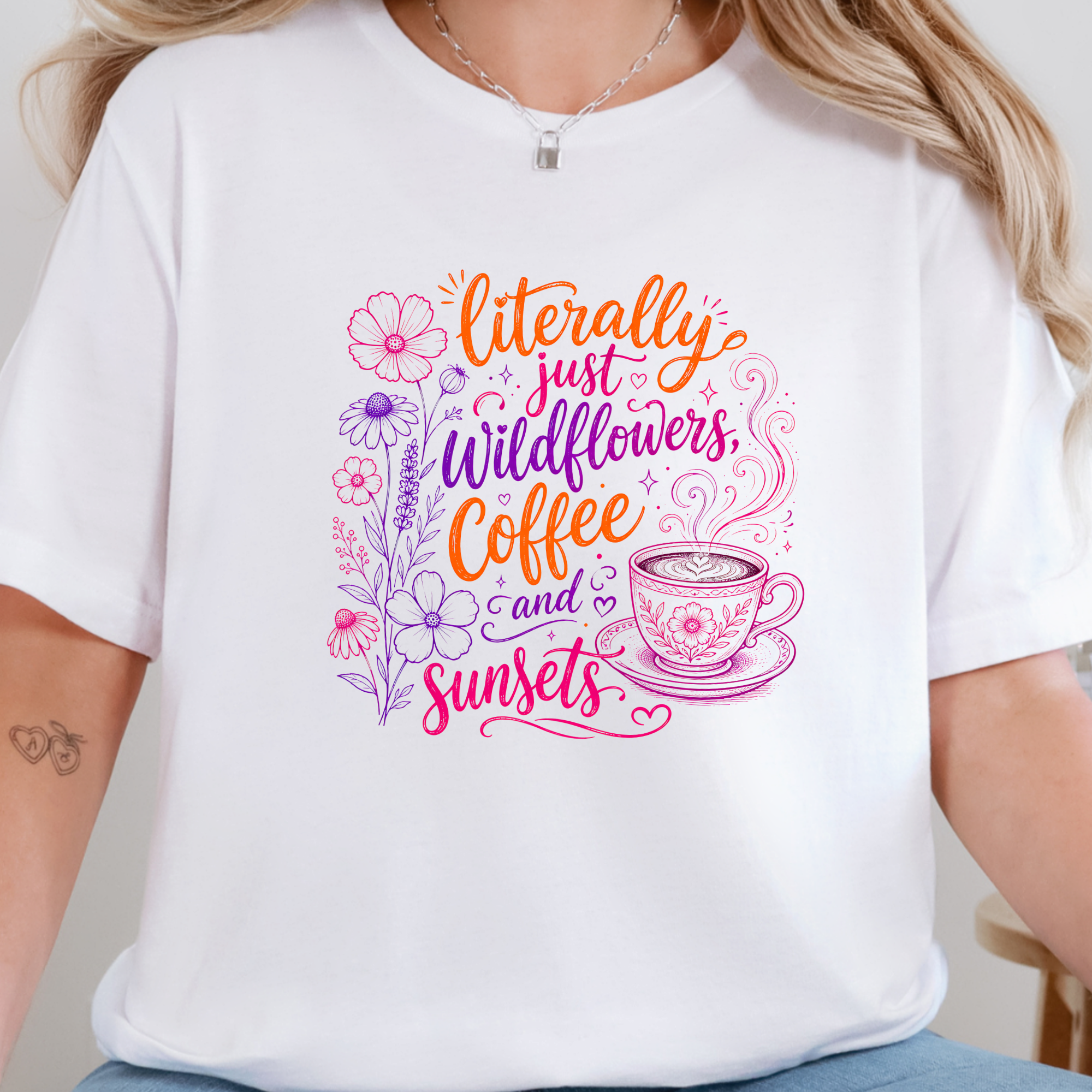 Wildflowers Coffee Sunsets Graphic Tee - White