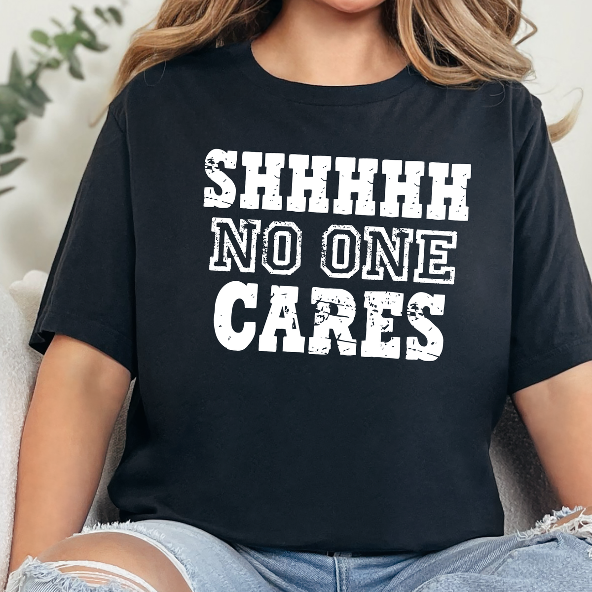 Shh No One Cares Graphic Tee - Heather Black