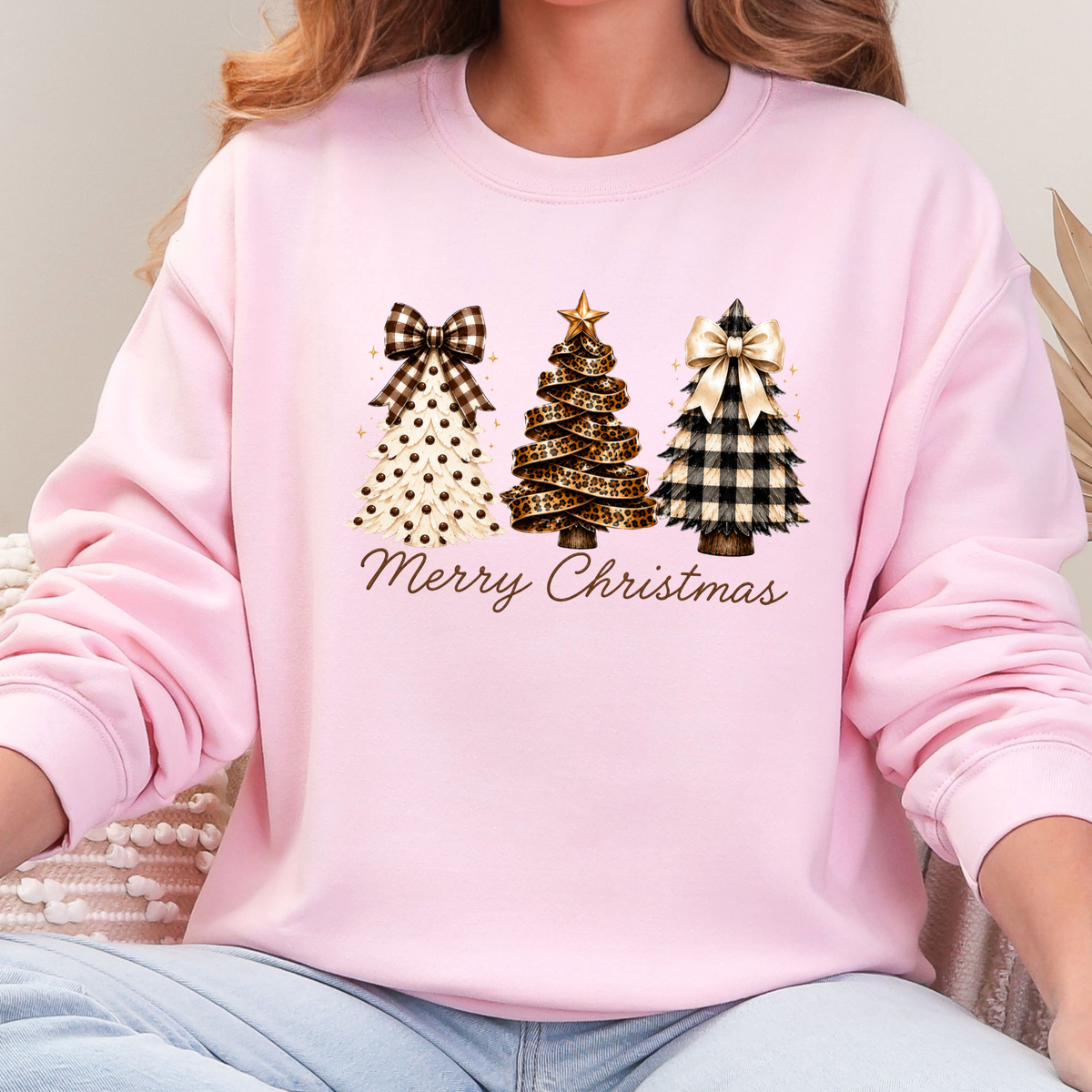 Rustic Plaid Christmas Trees Graphic Sweatshirt - Light Pink