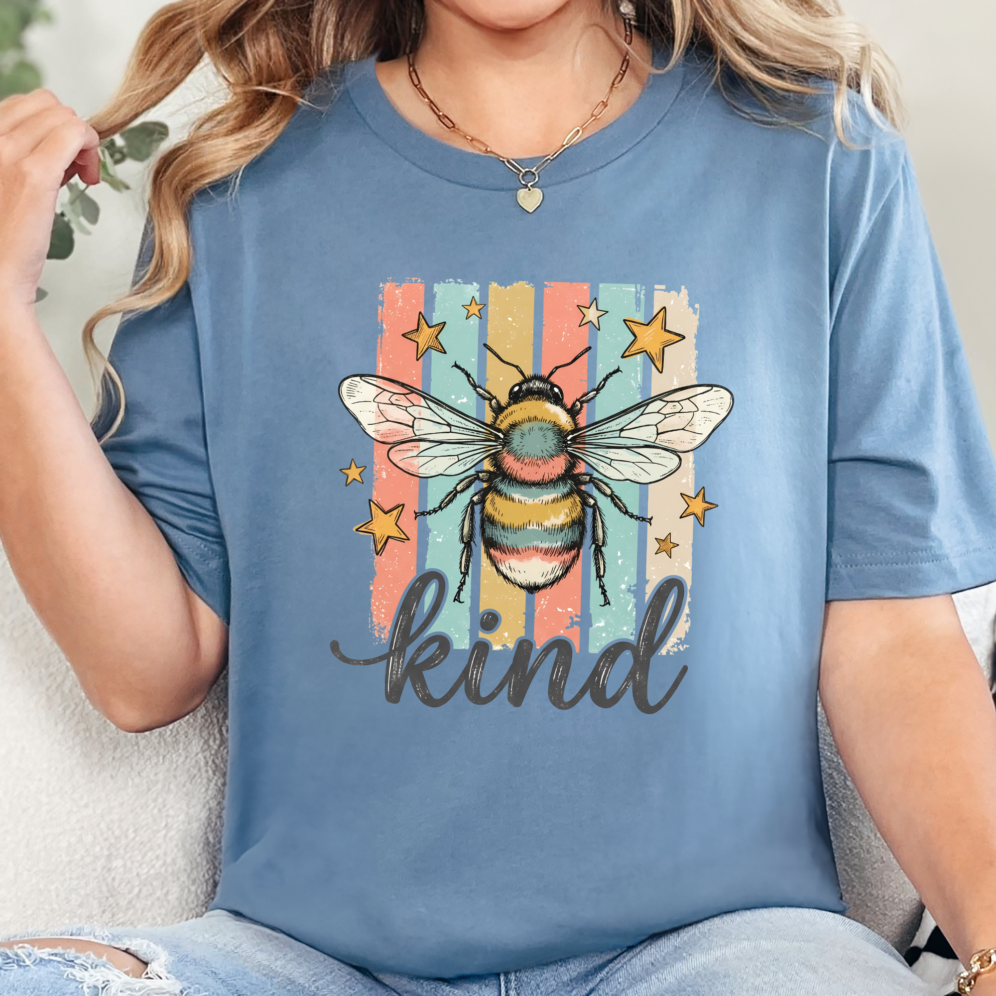 Bee Kind Striped Graphic Tee - Steel Blue Tee