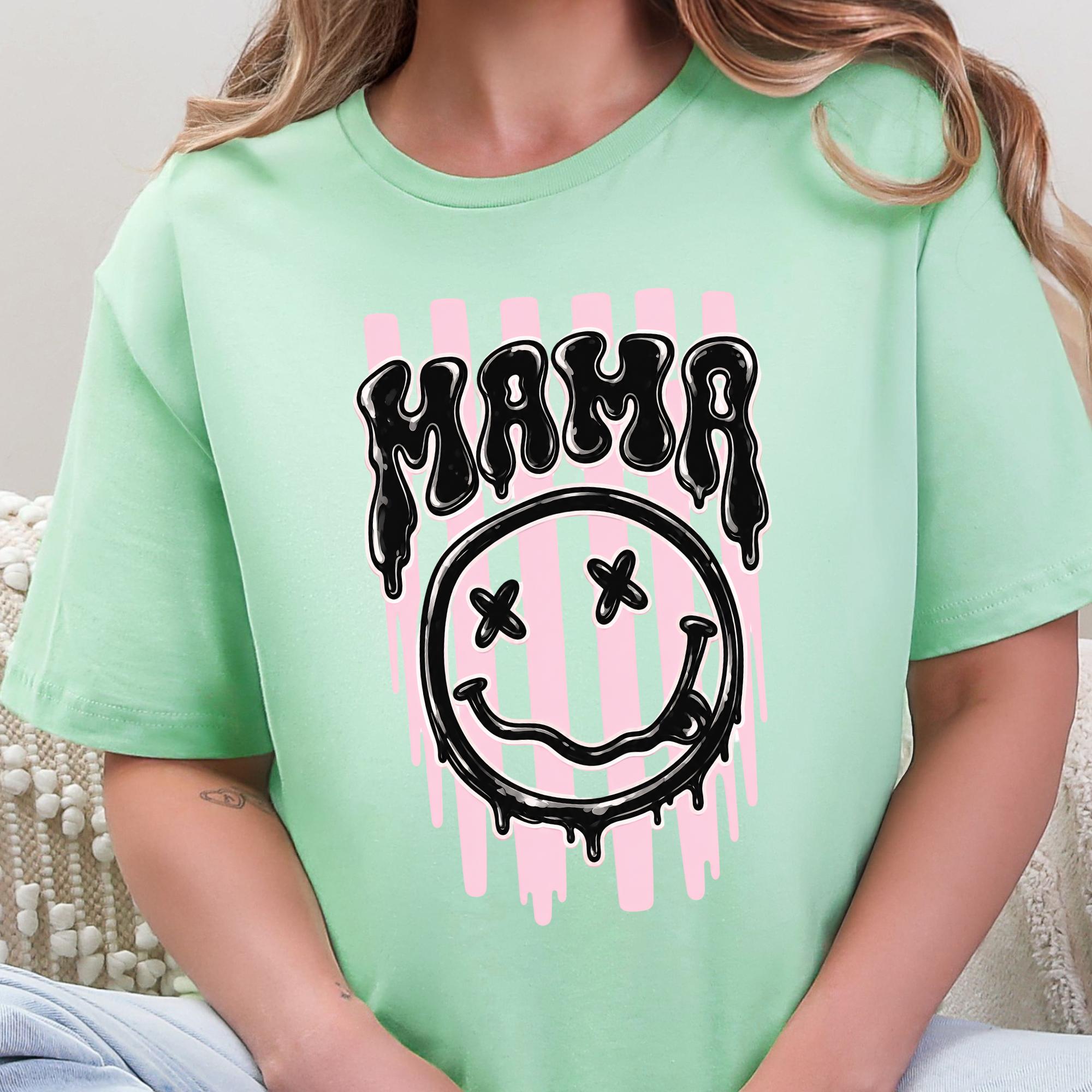 Mama Smiley Face Graphic Tee - Mint Tee