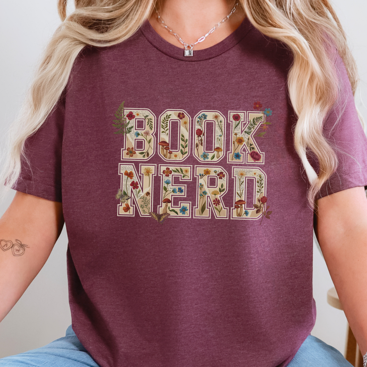 Floral Book Nerd Graphic Tee - Heather Maroon