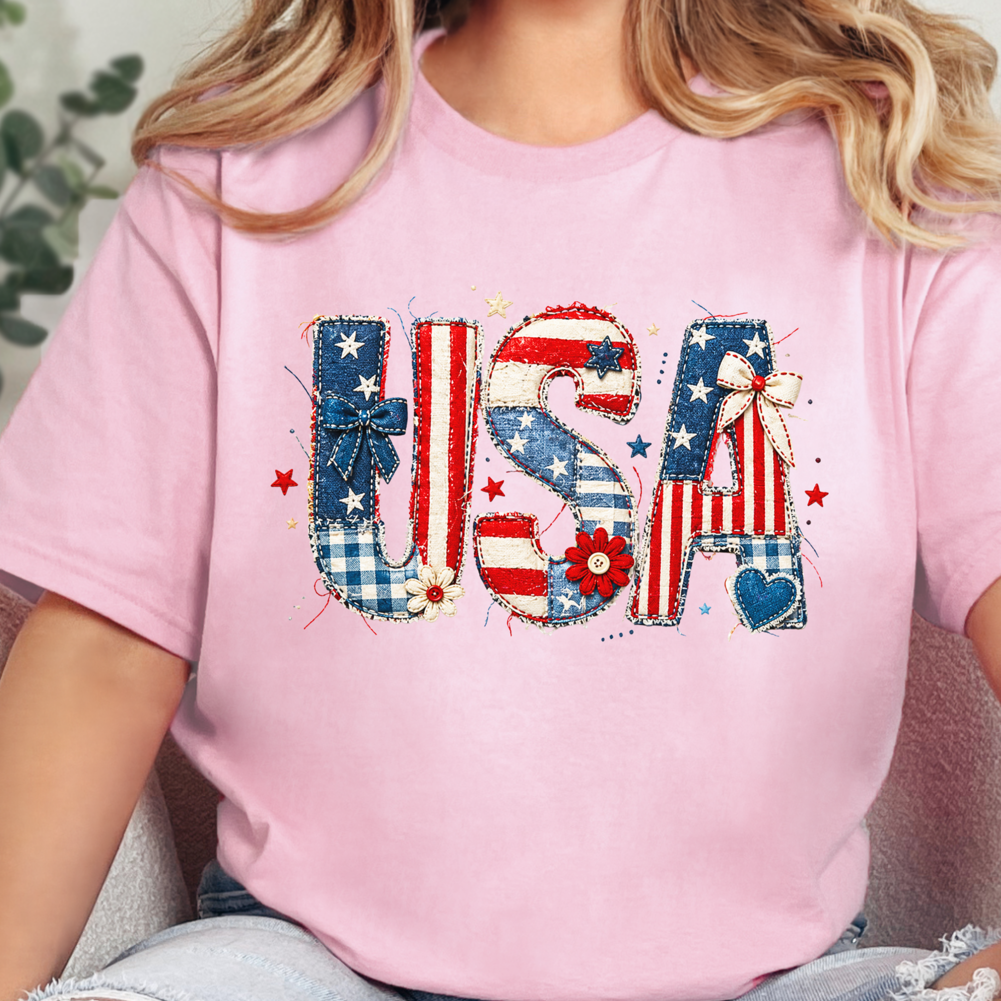 USA Patchwork Graphic Tee - Pink