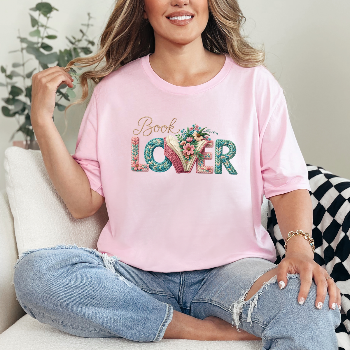 Floral Book Lover Graphic Tee - Soft Pink Tee