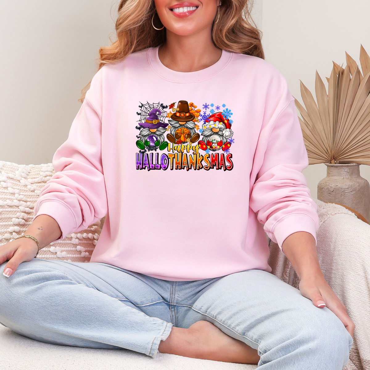 Happy Hallothanksmas Gnomes Sweatshirt - Light Pink Sweatshirt