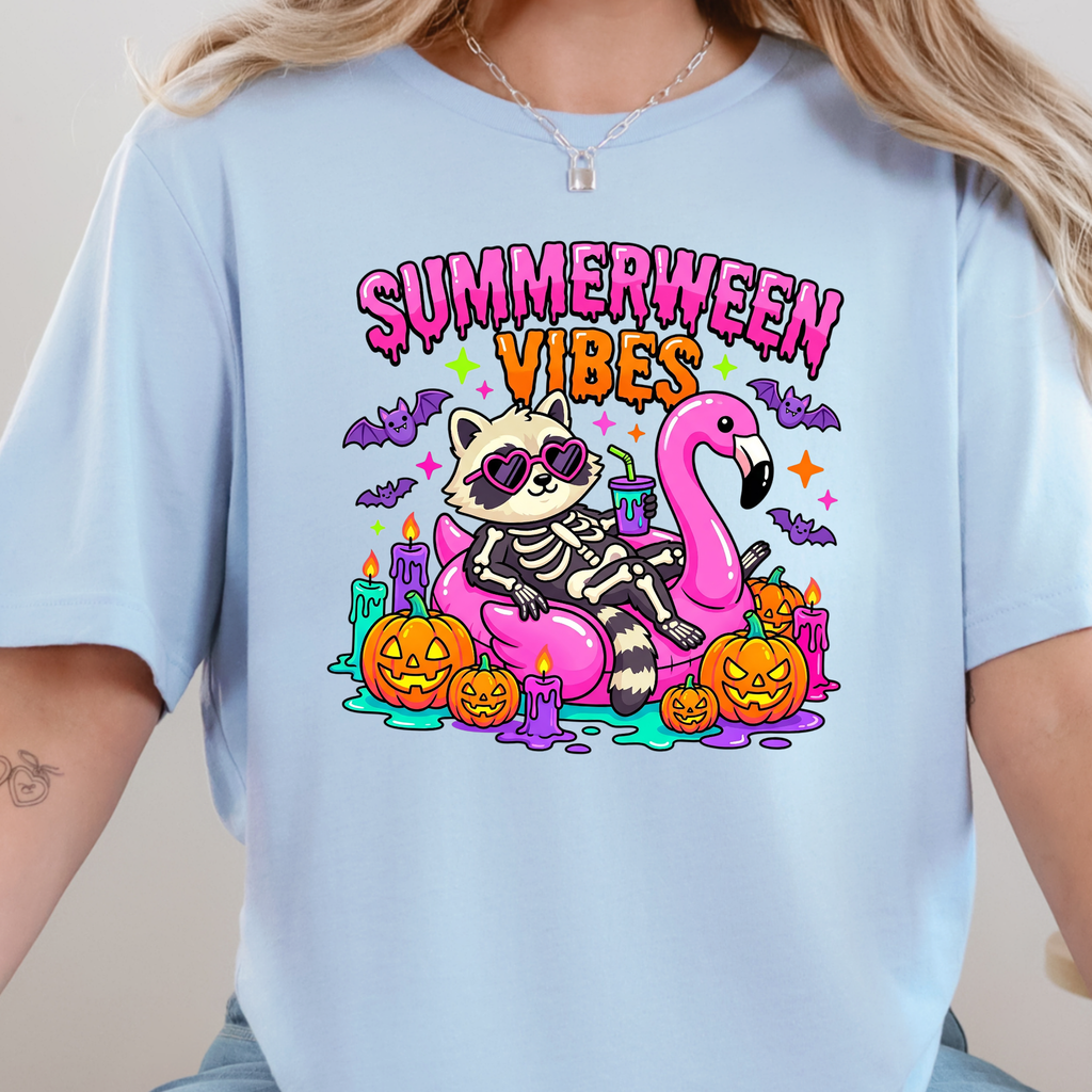 Summerween Vibes Raccoon Graphic Tee - Baby Blue