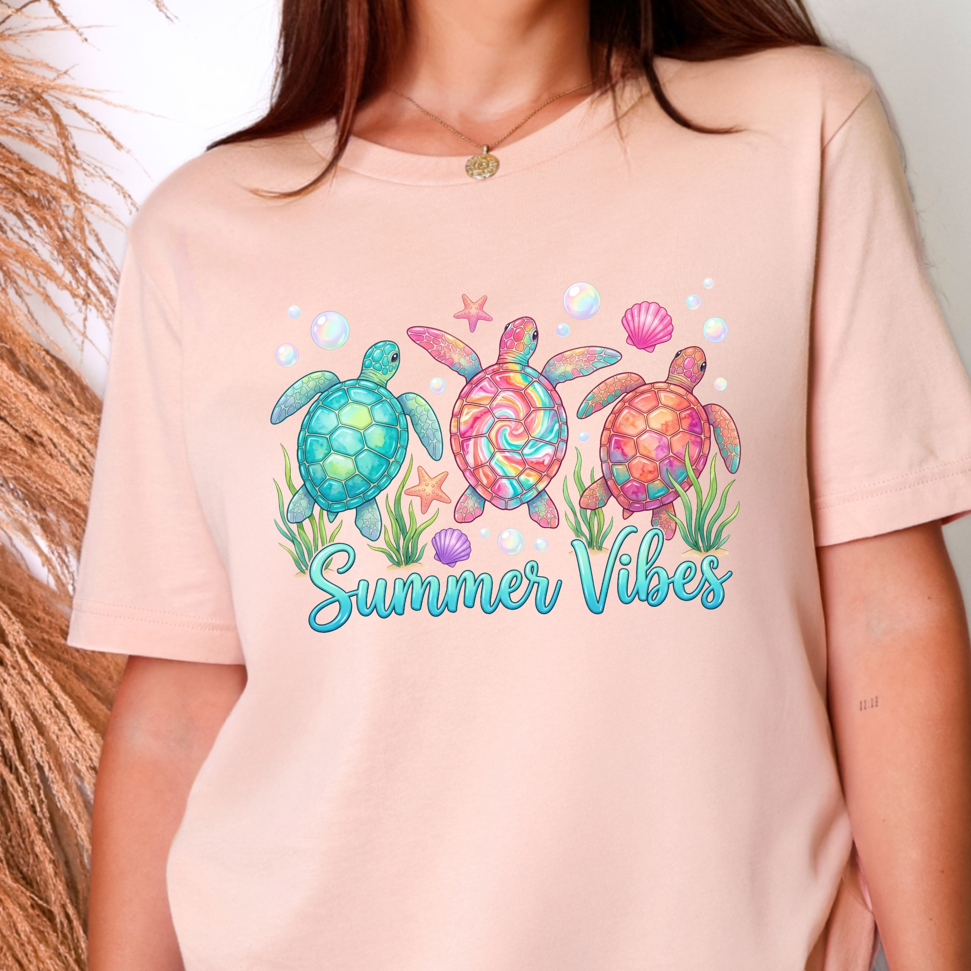 Summer Vibes Sea Turtles Graphic Tee - Peach Tee