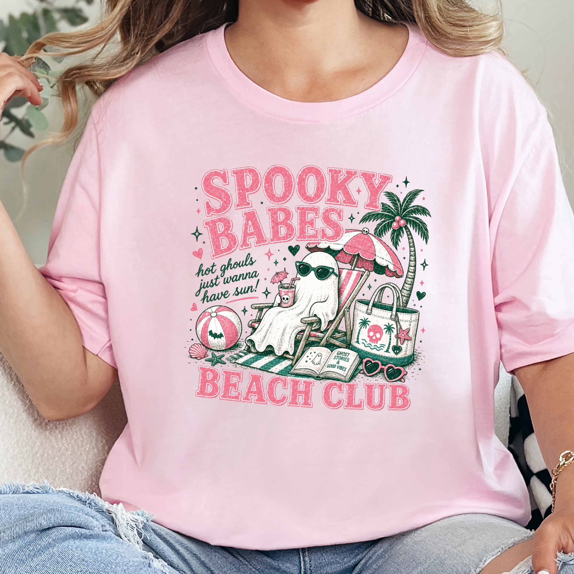 Spooky Babes Beach Club Graphic Tee - Soft Pink