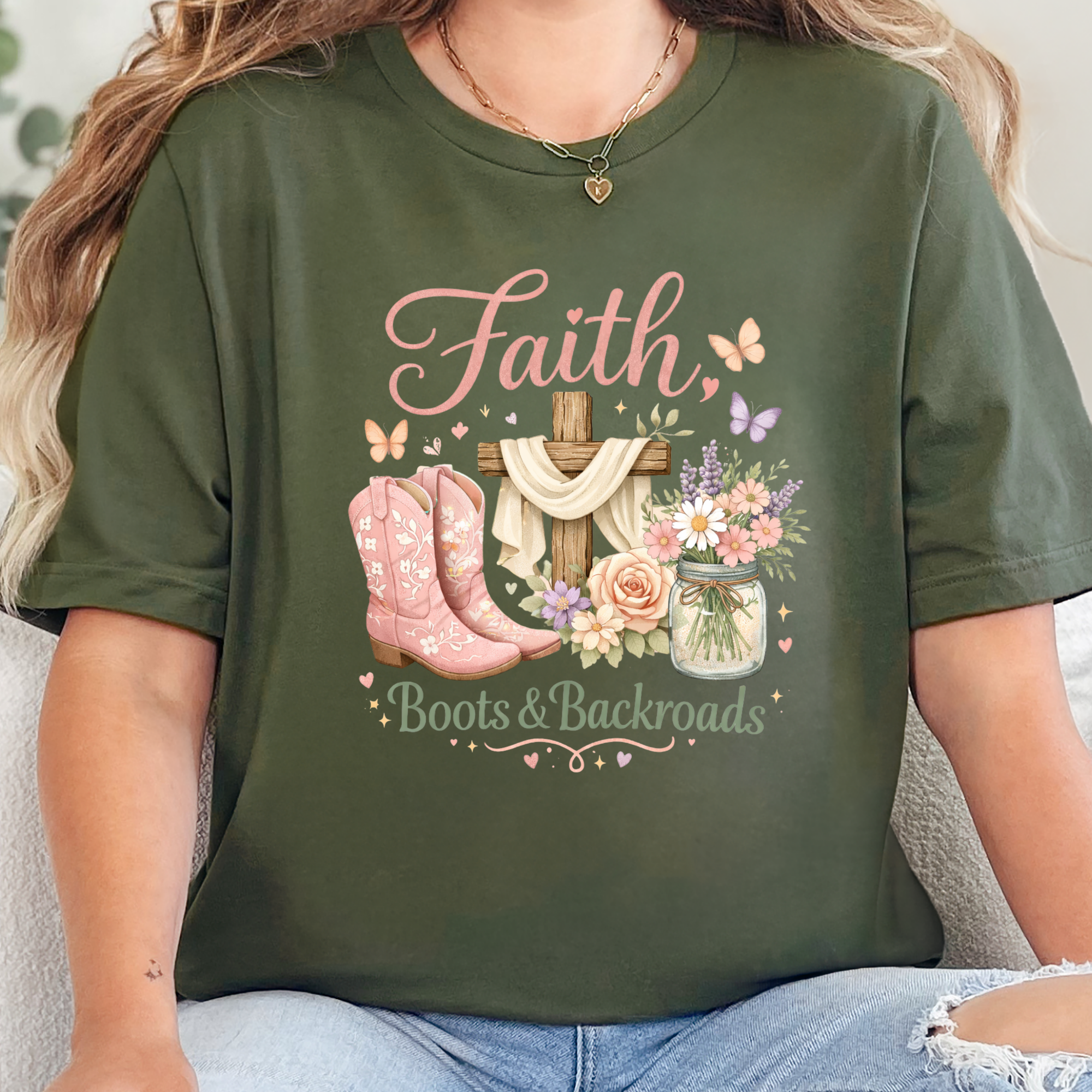 Faith, Boots & Backroads Graphic Tee - Military Green