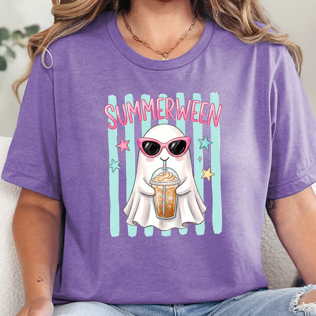 Preppy Summerween Ghost Graphic Tee - Heather Team Purple