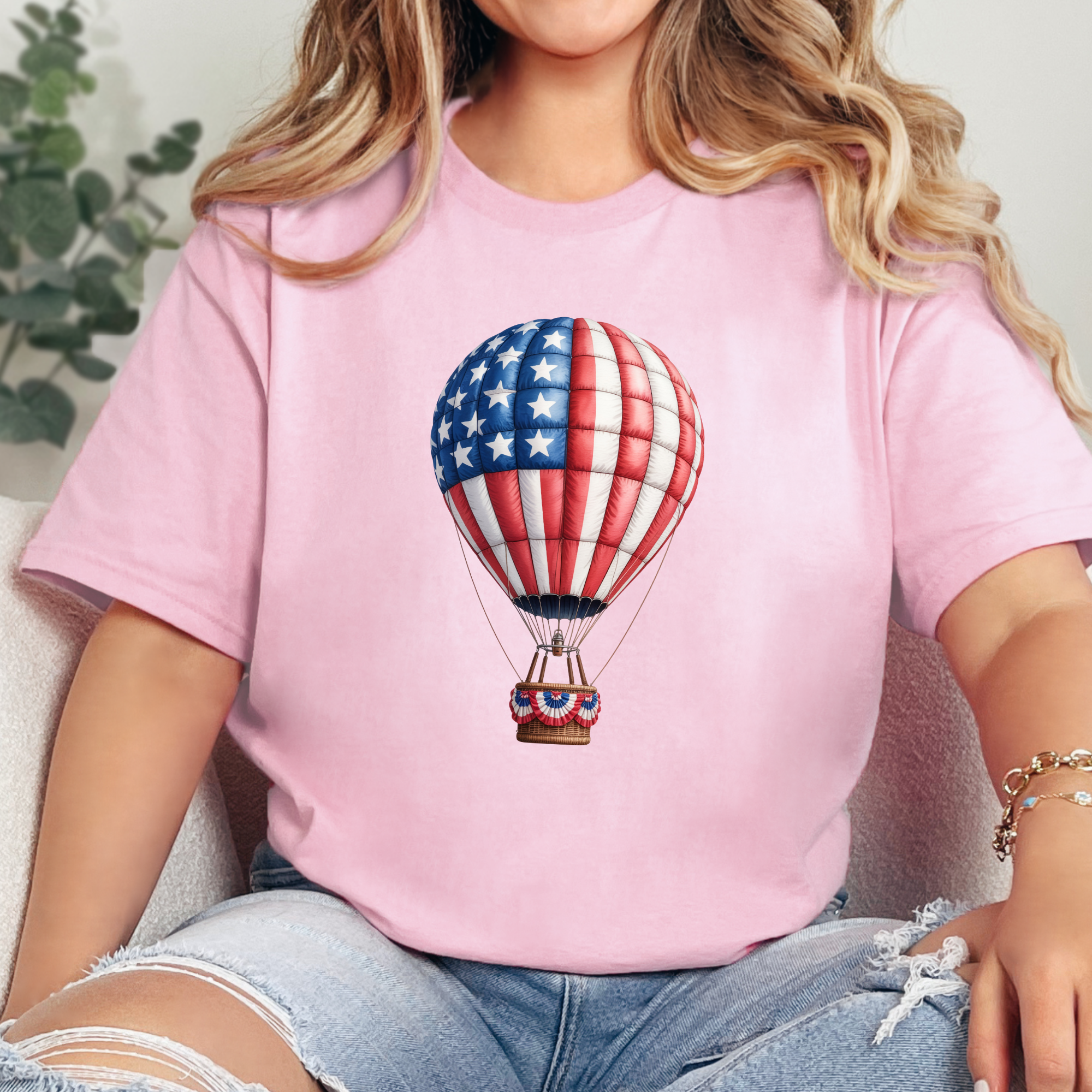 Patriotic Hot Air Balloon Graphic Tee - Pink