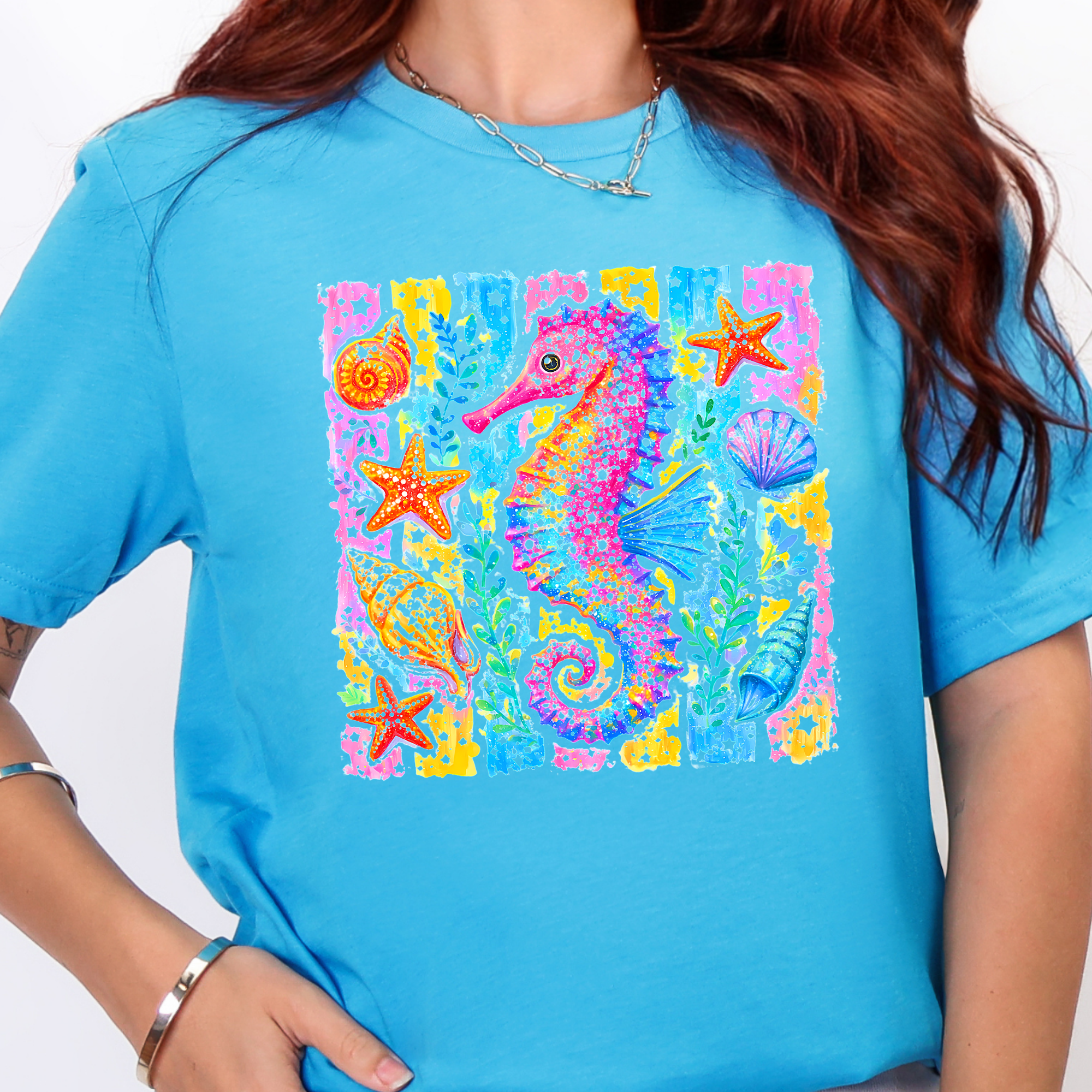 Preppy Summer Seahorse Graphic Tee - Heather Aqua