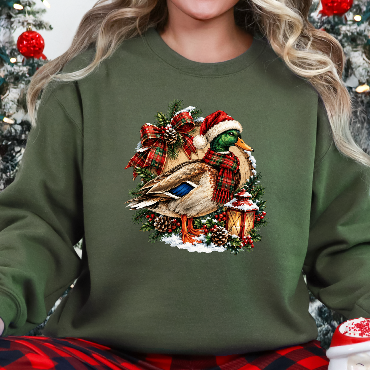 Christmas Mallard Duck Graphic Sweatshirt - Military Green