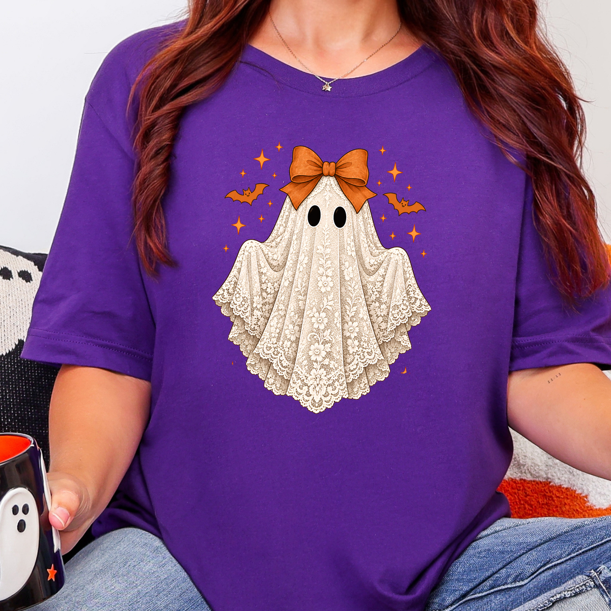 Coquette Halloween Lace Ghost Graphic Tee - Team Purple