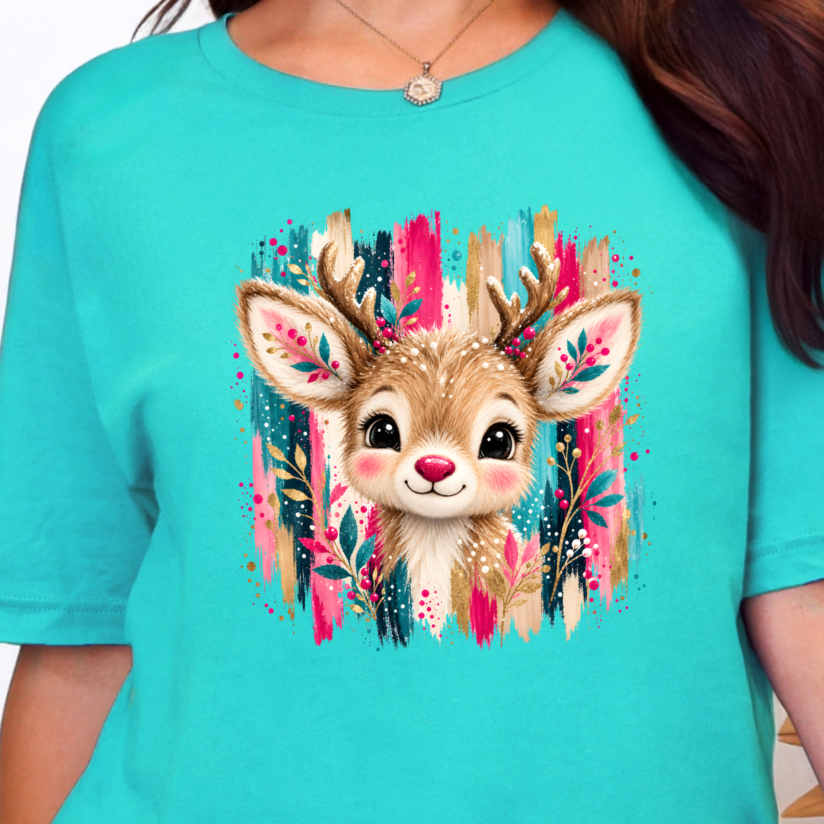 Christmas Brushstroke Reindeer Graphic Tee - Heather Sea Green