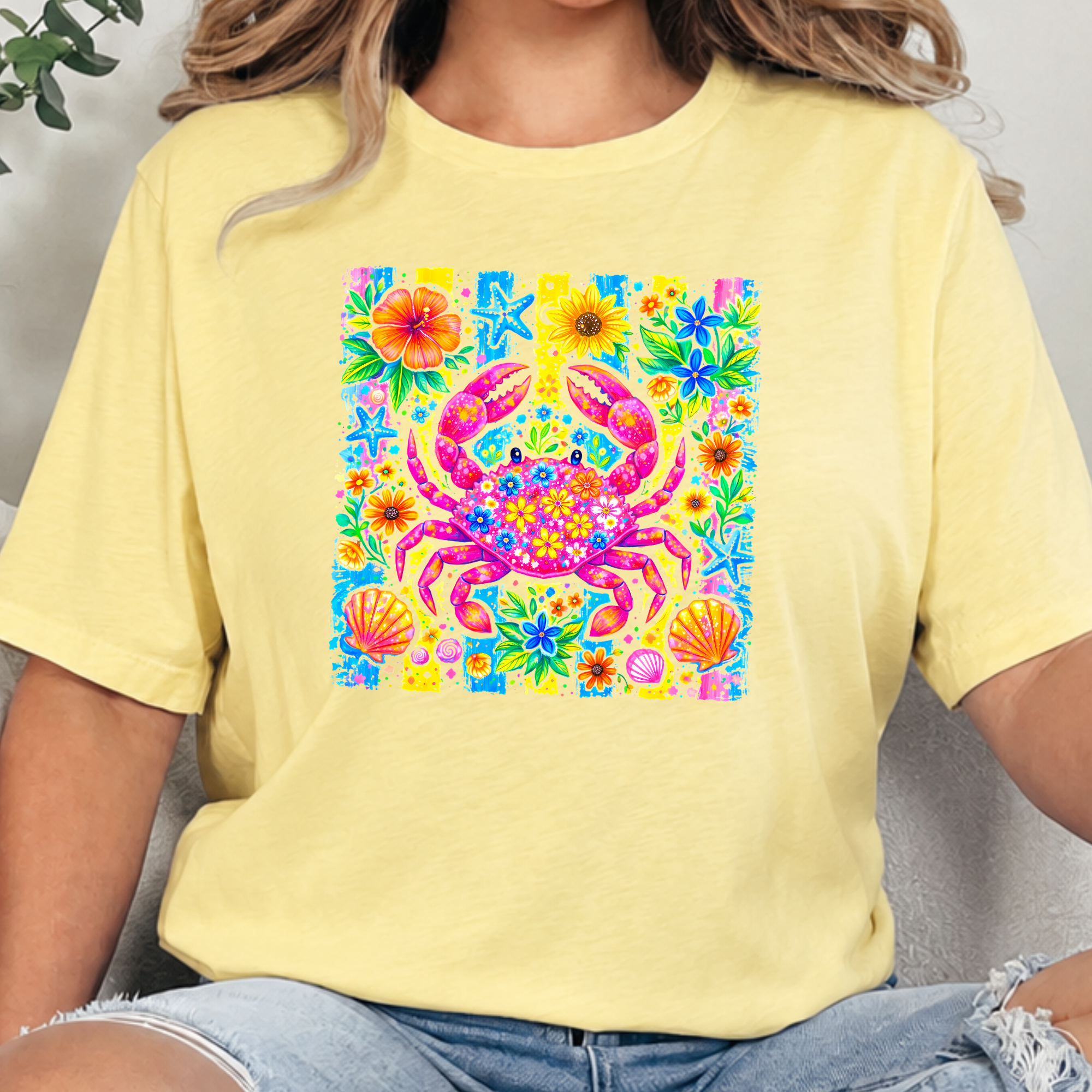 Preppy Summer Crab Graphic Tee - Heather French Vanilla