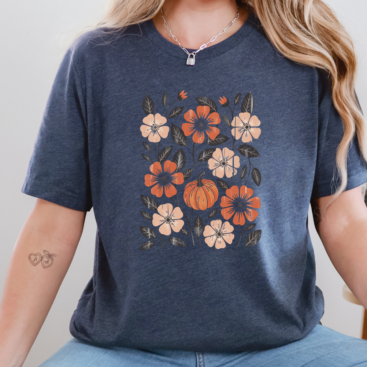 Boho Floral Fall Graphic Tee - Heather Navy