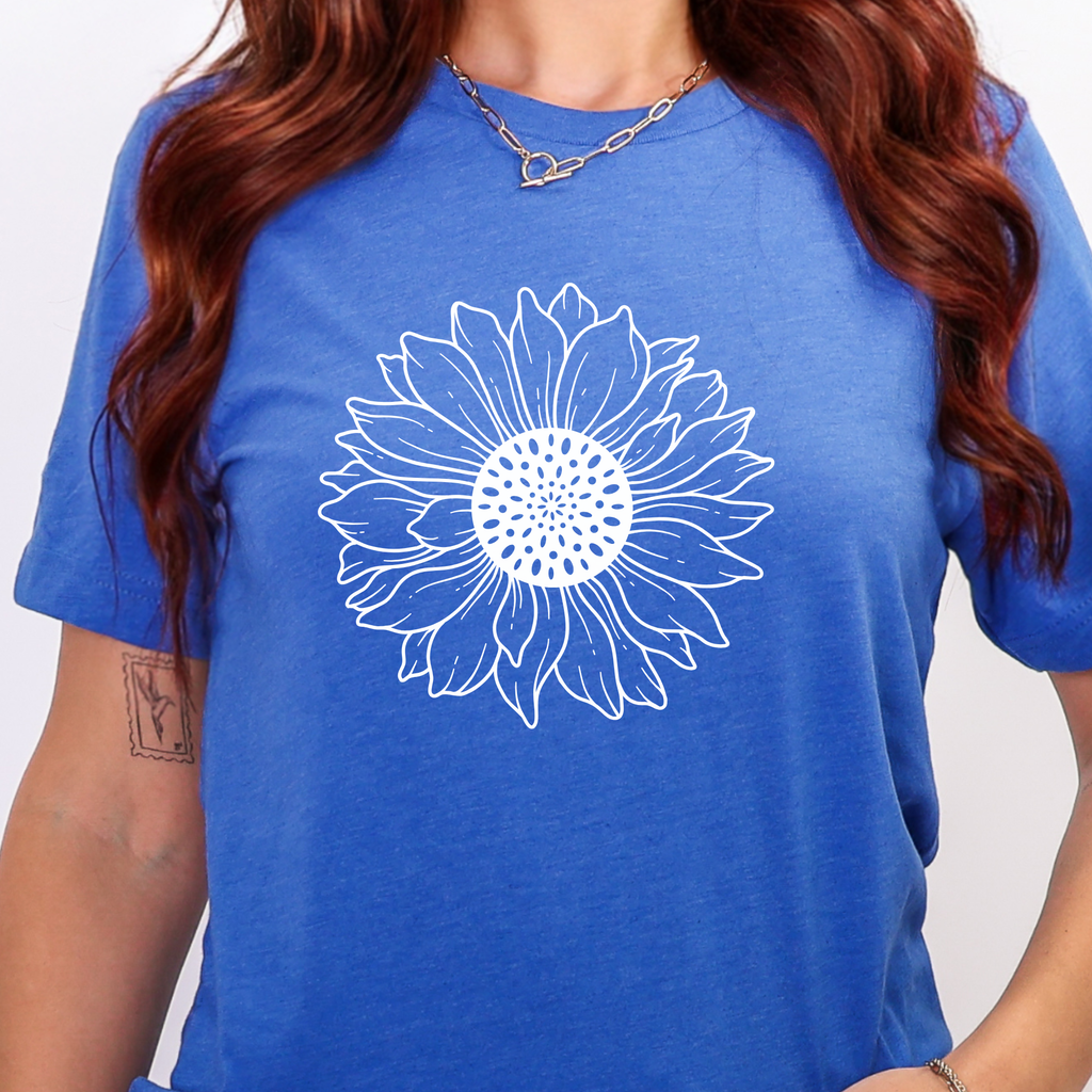 Sunflower Outline Graphic Tee - Heather True Royal