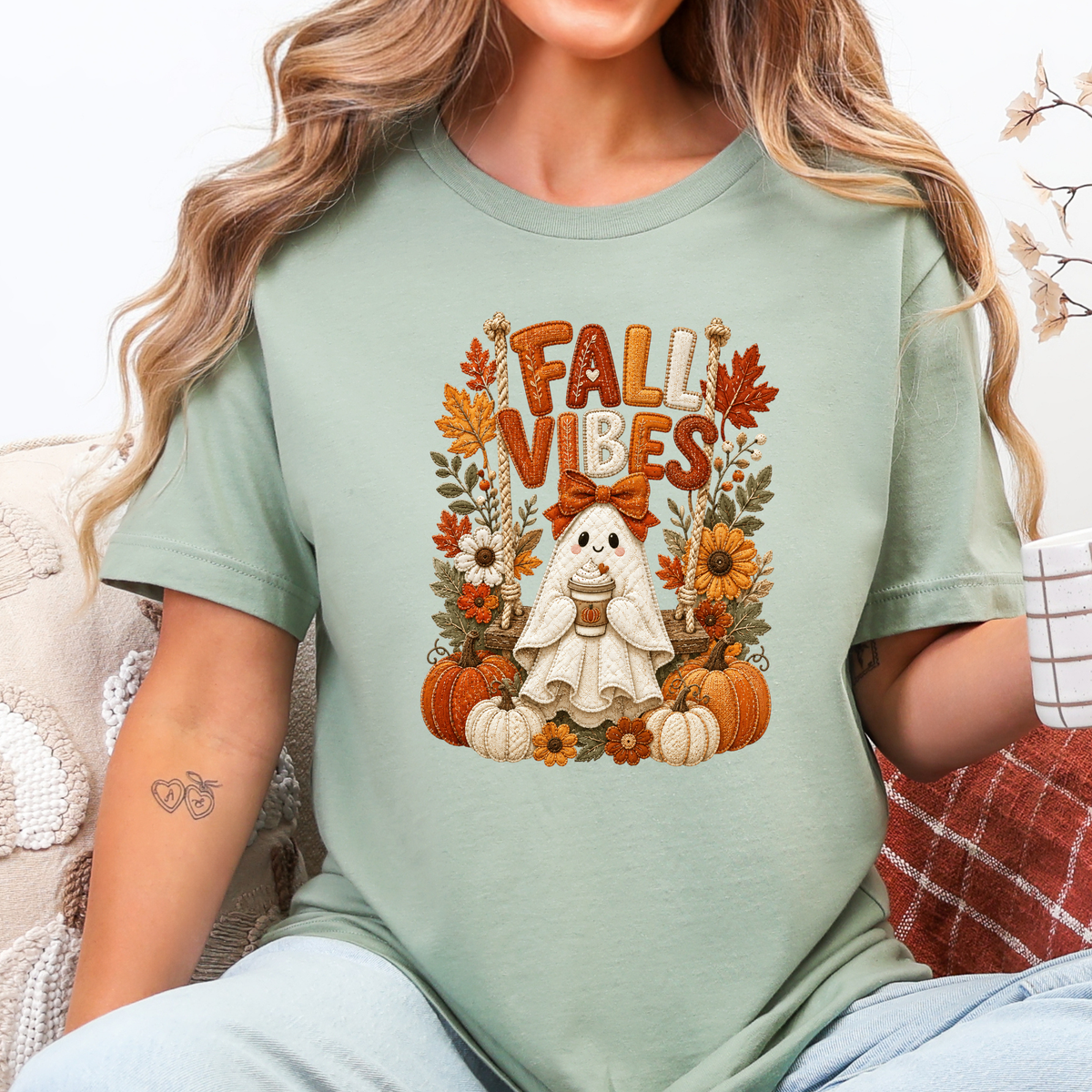 Floral Ghost Autumn Patchwork Graphic Tee - Sage