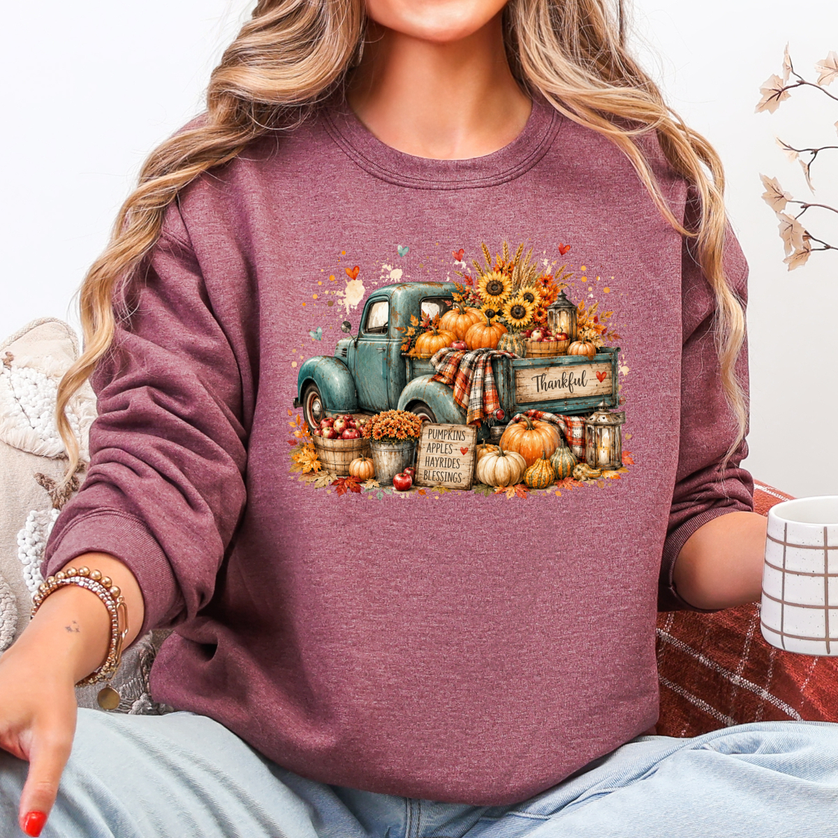 Autumn Truck Pumpkin Graphic Sweatshirt - Heather Maroon