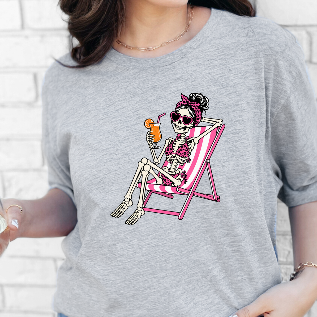 Skeleton in Lawn Chair Graphic Tee - Grey