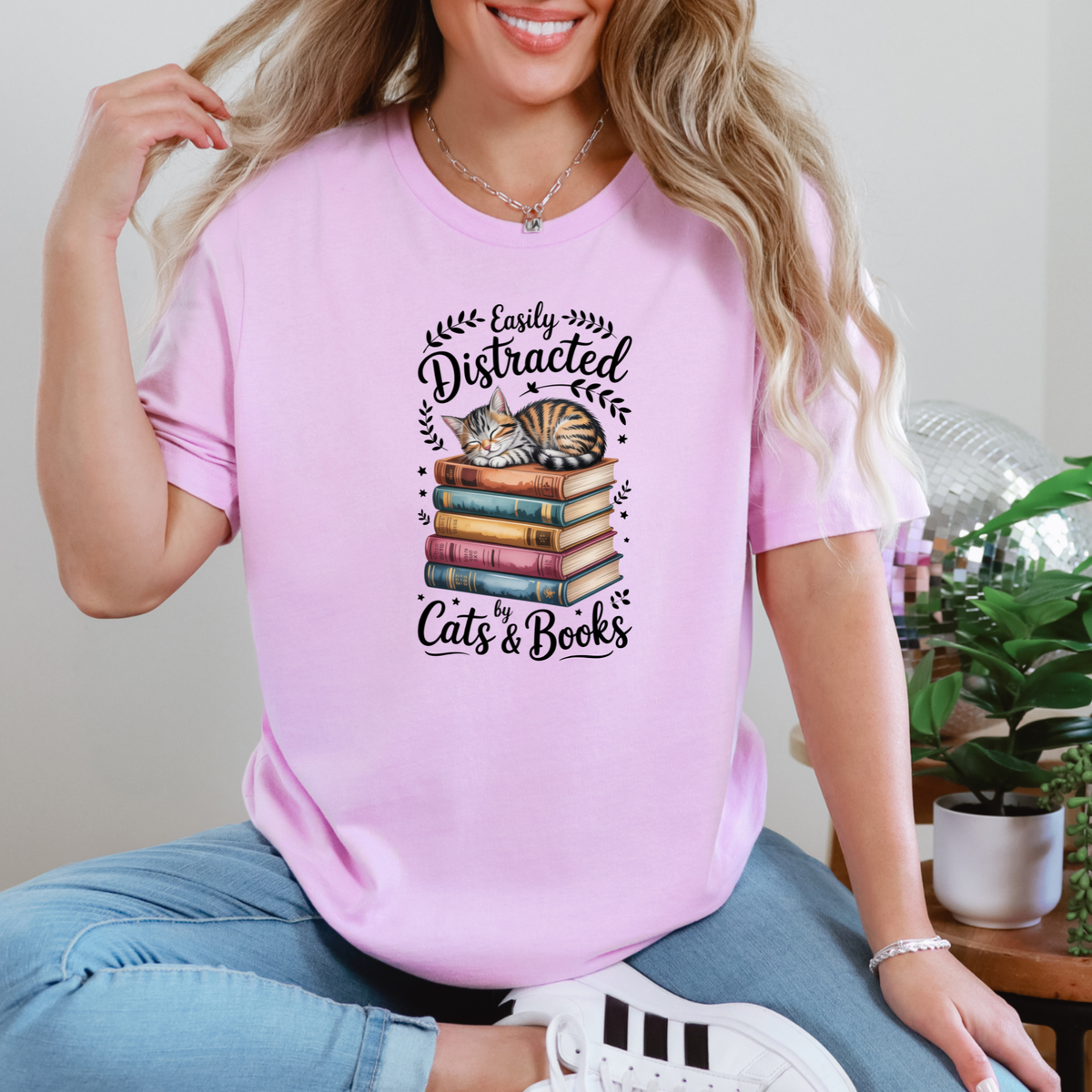 Easily Distracted by Cats & Books Graphic Tee - Lilac Tee