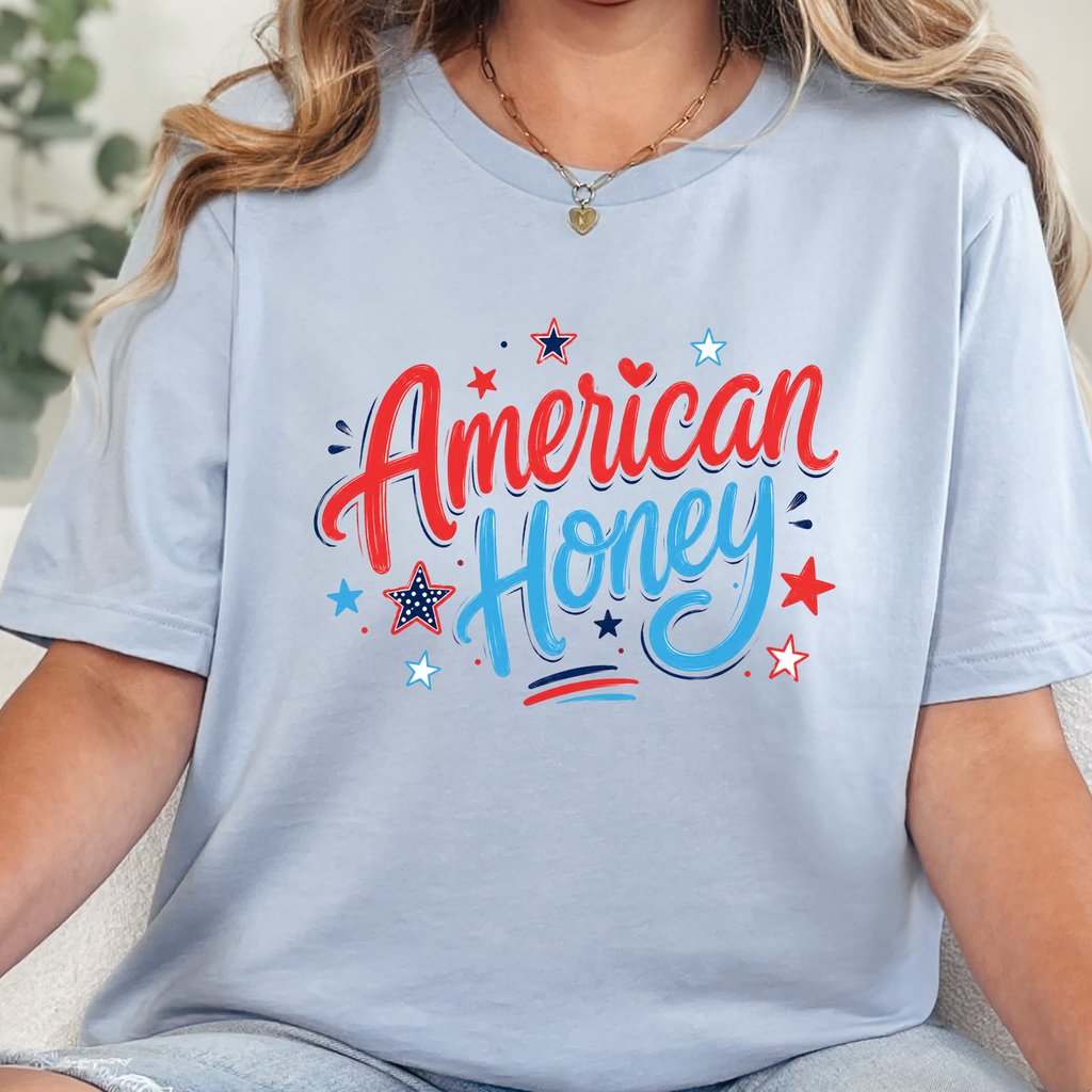 Patriotic American Honey Graphic Tee - Baby Blue Tee
