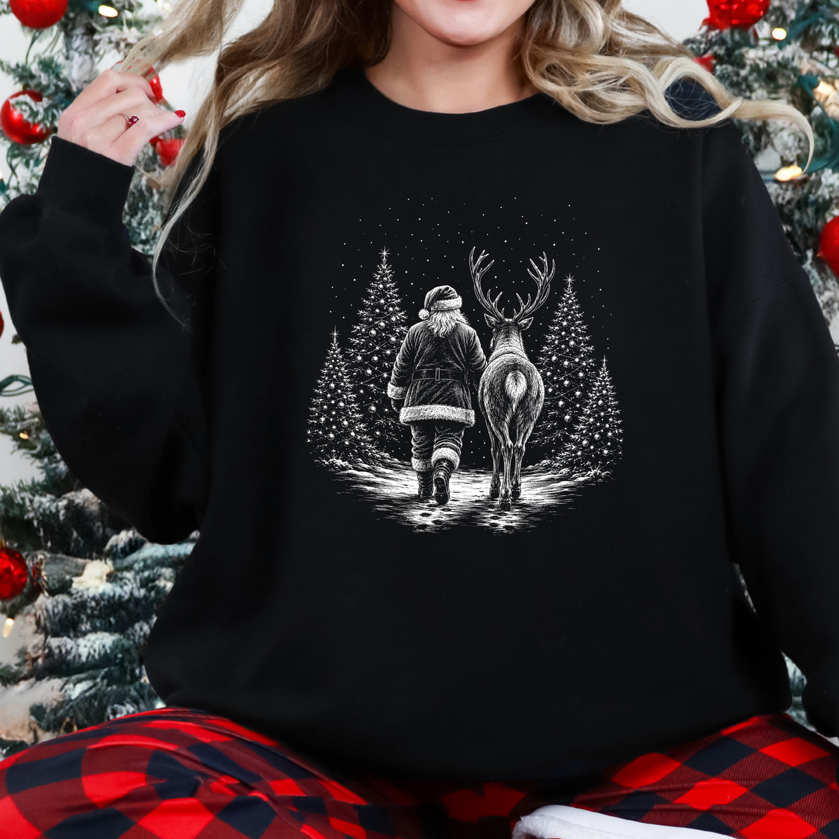 Retro Christmas Santa Reindeer Graphic Sweatshirt - Black