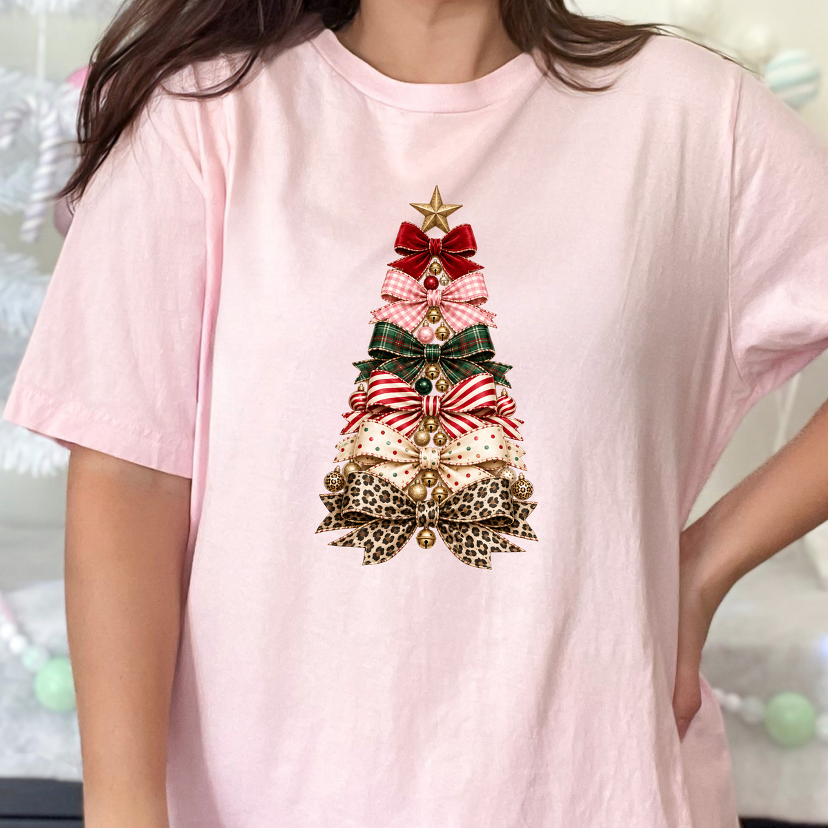 Christmas Bow Tree Graphic Tee - Soft Pink