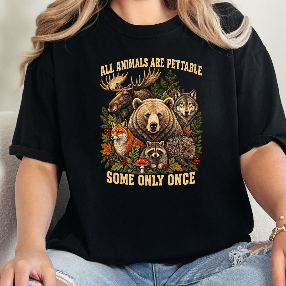 Animals Pettable Only Once Graphic Tee - Black