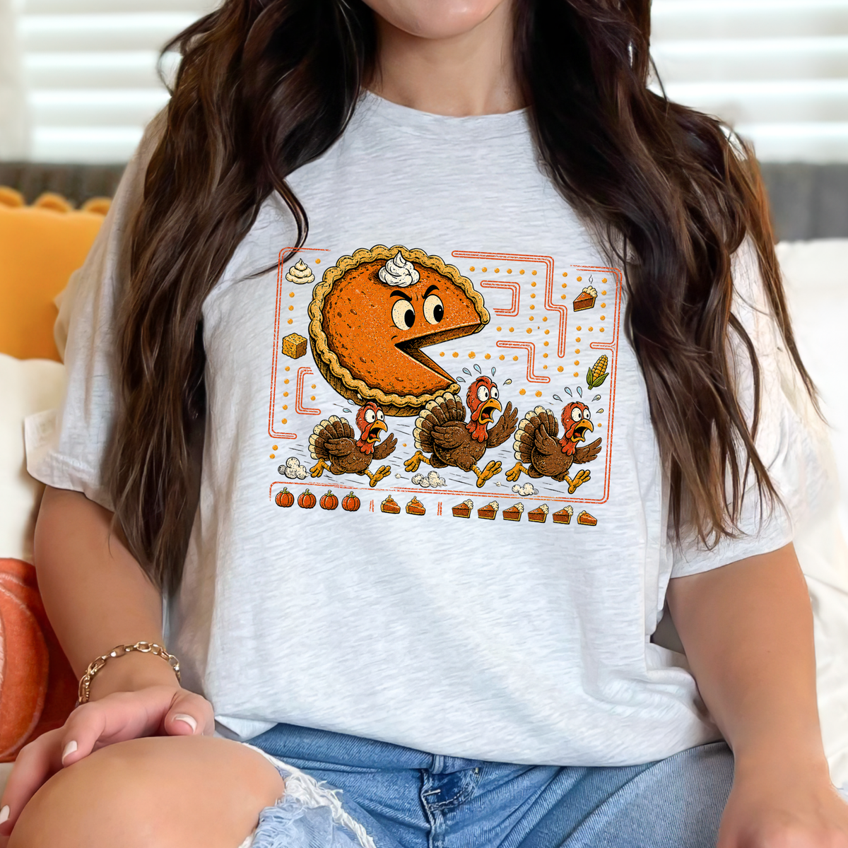Thanksgiving Pie Chasing Turkey Graphic Tee - Ash