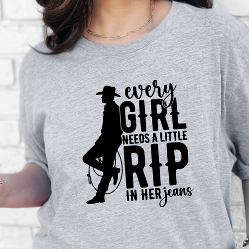 A Little Rip in her Jeans Graphic Tee - Grey